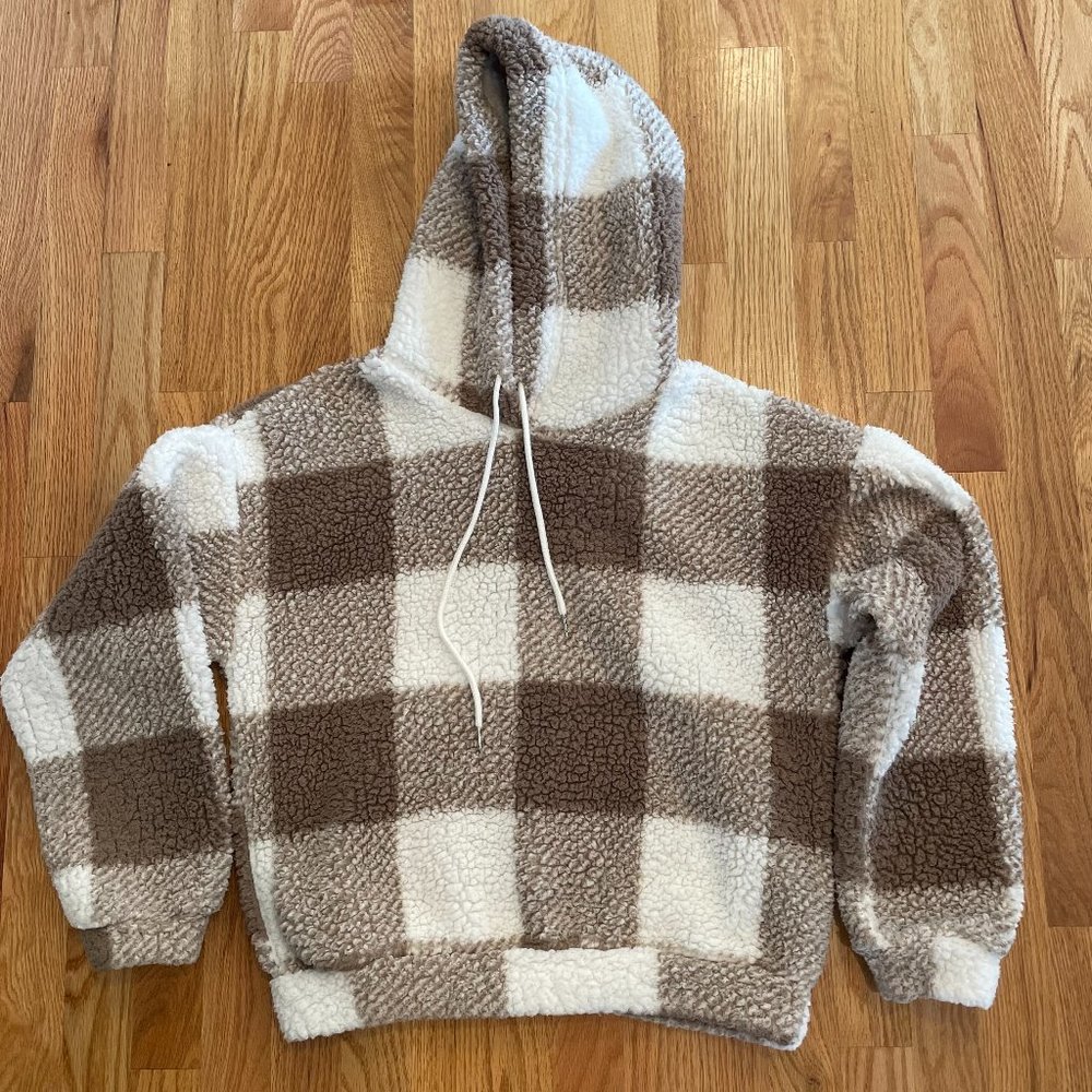 Shein Buffalo Plaid Print Drawstring Hoodie Brown White Women’s Size Small - Picture 2 of 9